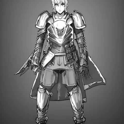 Prompt: An anime man with a scar across his face, wearing armor, drawn by Akihiko Yoshida, highly detailed, trending on art station, sci-fi themed, dynamic posing