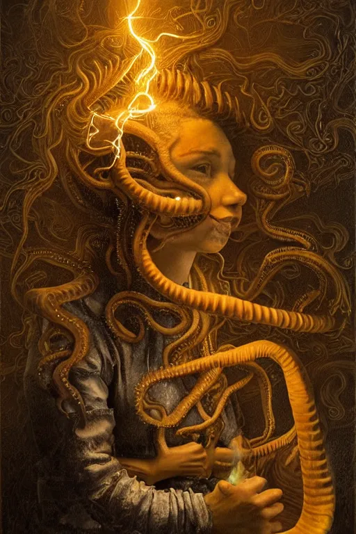 Prompt: a beautiful ultradetailed painting of kitchen maid, made with fractals of tentacles, smoke, marble and wooden from norse pantheon covered in lightning and fire spell, andres rios, jan urschel, jan vermeer, trending on artstation, detailed wood carving.
