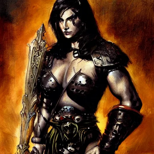 Prompt: portrait of a muscular goth emo girl wearing armor and holding sword by frank fazetta, fantasy, barbarian