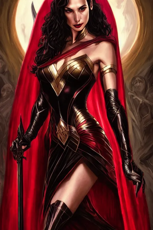 Image similar to Gal Gadot as a vampire queen, black and red silk clothing, sitting on throne, Full body shot, D&D, fantasy, intricate, elegant, highly detailed, digital painting, artstation, concept art, matte, sharp focus, illustration, hearthstone, art by Artgerm and Greg Rutkowski and Alphonse Mucha