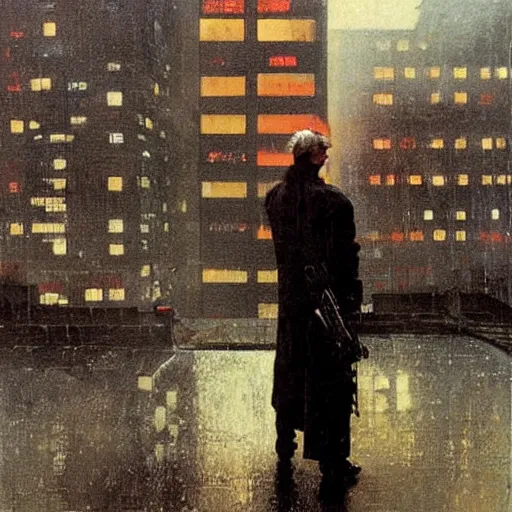 Image similar to rutger hauer as roy batty from blade runner 1982 standing on rooftop in heavy rain, painted by norman rockwell and tom lovell and frank schoonover