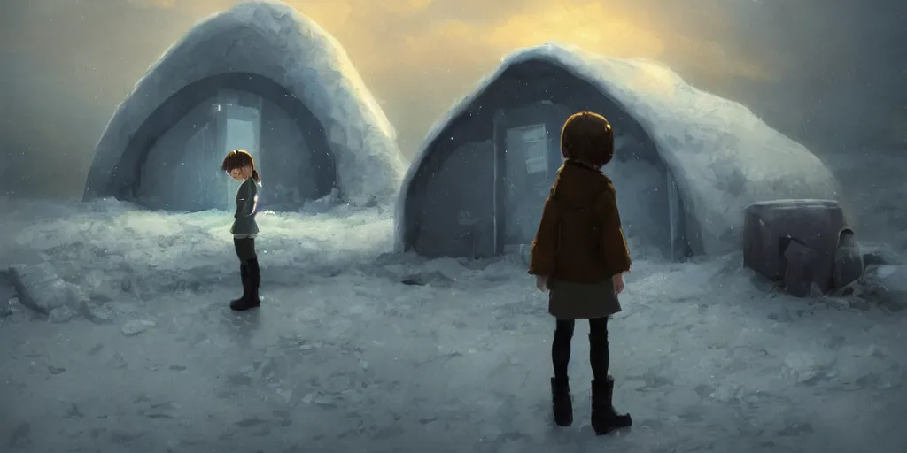 Image similar to young girl back to us in front of an igloo in the tundra, mysterious matte painting by makoto shinkai and craig mullins, trending on artstation