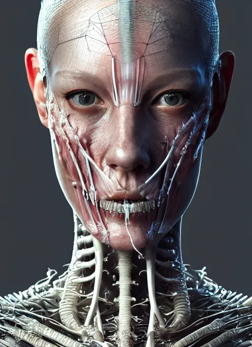 Prompt: 3 / 4 portrait, queen, crown, translucent skin, visible muscle and bones and veins and nerves, hyperrealism, detailed textures, photorealistic, 3 d cyberpunk apocalyptic city, futuristic clothing and helmet, ultra realistic, cinematic, intricate, cinematic light, unreal engine 8 k, octane render, unreal engine by david kostic and stanley lau and artgerm