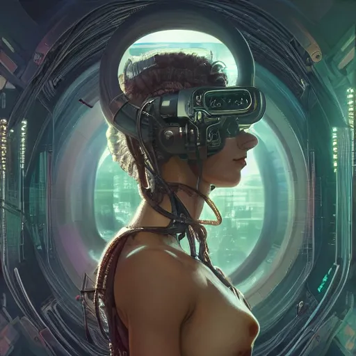 Prompt: portrait of Medusa with vr headset, cyberpunk, cables on the head, futuristic hi-tech details, ominous, intricate, art by anthony macbain + greg rutkowski + alphonse mucha, concept art, 4k, sharp focus, cinematic unreal engine