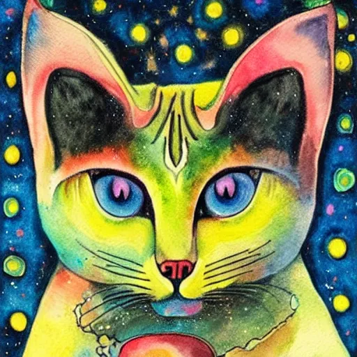 Prompt: a Siamese cat with galaxies in her eyes, watercolor by Louis William Wain,