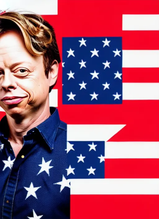 Image similar to election portrait of a person looking like brock pierce, american flag on background, cowboy style.