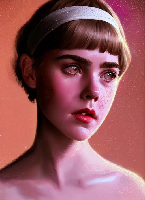 Image similar to portrait of kiernan shipka with freckles, white hair, 1 9 6 0 s bob hairstyle with bangs and hairband, intricate, elegant, glowing lights, highly detailed, digital painting, artstation, concept art, smooth, sharp focus, illustration, art by wlop, mars ravelo and greg rutkowski