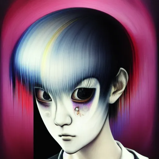 Image similar to yoshitaka amano blurred and dreamy three quarter angle portrait of a young woman with white hair and black eyes wearing dress suit with tie, playstation 2 horror game, junji ito abstract patterns in the background, satoshi kon anime, chungking express color palette, noisy film grain effect, highly detailed, renaissance oil painting, weird portrait angle, blurred lost edges