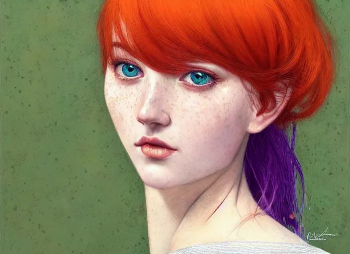 Prompt: portrait Girl with orange hair and freckles, green eyes fine face pretty face, realistic shaded Perfect face, purple background, fine details , fine details. Anime, by Ilya Kuvshinov and Gustav Klimt