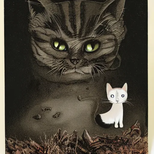 Image similar to a cat with a human face lurking in the deep darkness of the forest, studio gibli