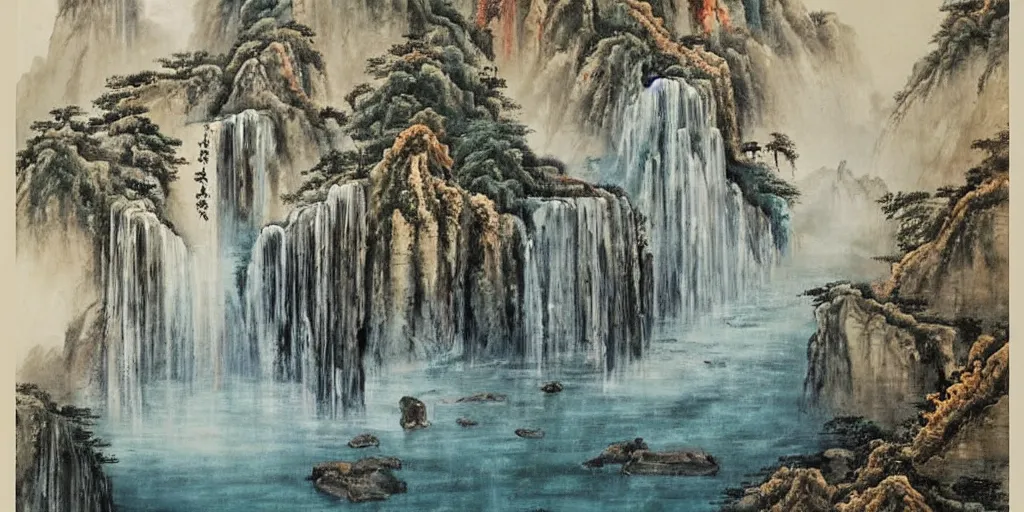 Prompt: “ large ancient gate in the middle of waterfall in chinese watercolor painting, oil painting, masterpiece, aesthetic ”