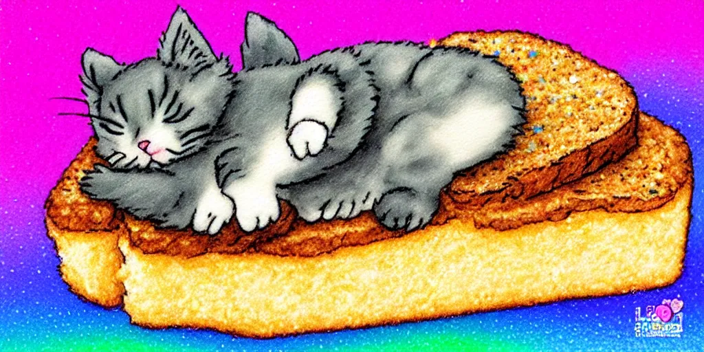 Image similar to a tiny kitten sleeping on a slice of bread, puffy sticker, glitter sticker, kawaii by studio ghibli, by lisa frank 8 k pastel colours, isometric, smeared watercolours,