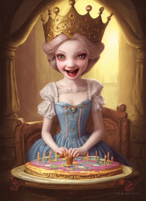 Image similar to highly detailed closeup portrait of a grinning fairytale medieval princess eating birthday cake, unreal engine, nicoletta ceccoli, mark ryden, lostfish, earl norem, global illumination, god rays, detailed and intricate environment