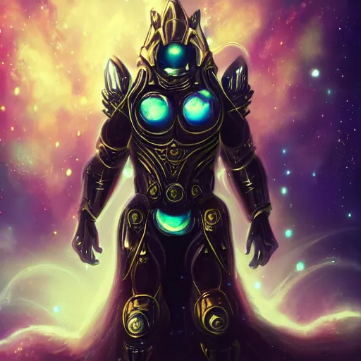 Image similar to photorealistic fantasy cosmic concept art of a cosmic nebula God in dark matter armor hovering in a unknown galaxy, fully body portrait, cinematic, dynamic lighting, ultra detailed, creative, trending on art station