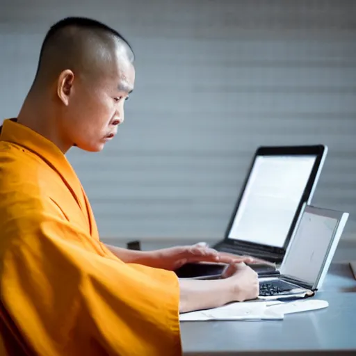 Prompt: a shaolin monk working in an office, stressed, programming, head in hands, professional environment, office photo