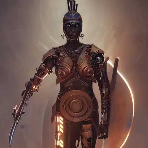 Image similar to a cyborg version of a maasai warrior carrying a futuristic spear and shield ultra realistic, concept art, intricate details, eerie, horror, highly detailed, photorealistic, octane render, 8 k, unreal engine. art by artgerm and greg rutkowski and alphonse mucha