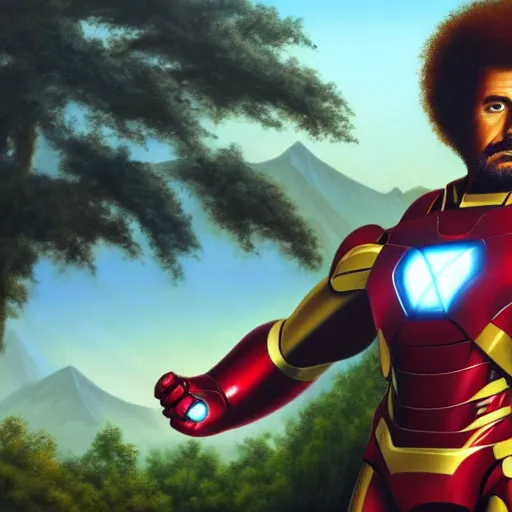 Image similar to a closeup photorealistic photograph of bob ross detailing a canvas painting of iron man. mountains and trees. film still. brightly lit scene. this 4 k hd image is trending on artstation, featured on behance, well - rendered, extra crisp, features intricate detail, epic composition and the style of unreal engine.