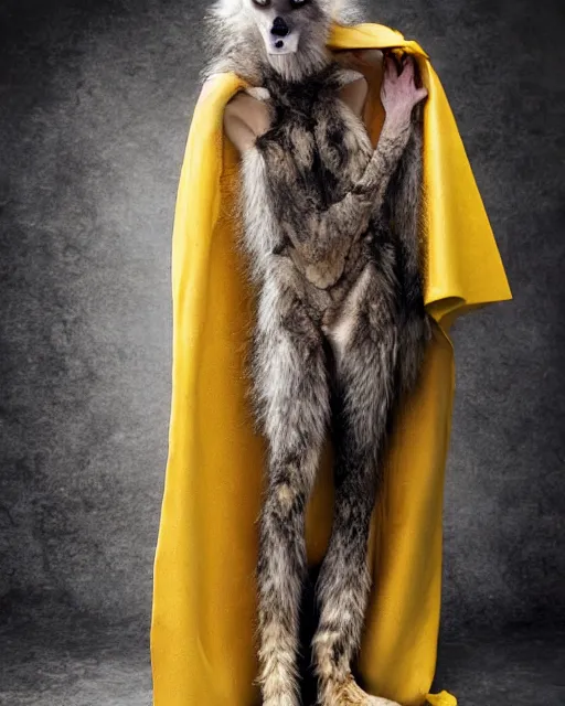 Image similar to Tall emaciated man wolf hybrid, covered in matted fur, he has yellow wolf eyes, a long bent rat like tail, long coyote like ears, and is Wearing a cape with a Top Hat, highly realistic, Rick Baker style, photoreal, photograph in the style of Annie Leibovitz, Studio lighting