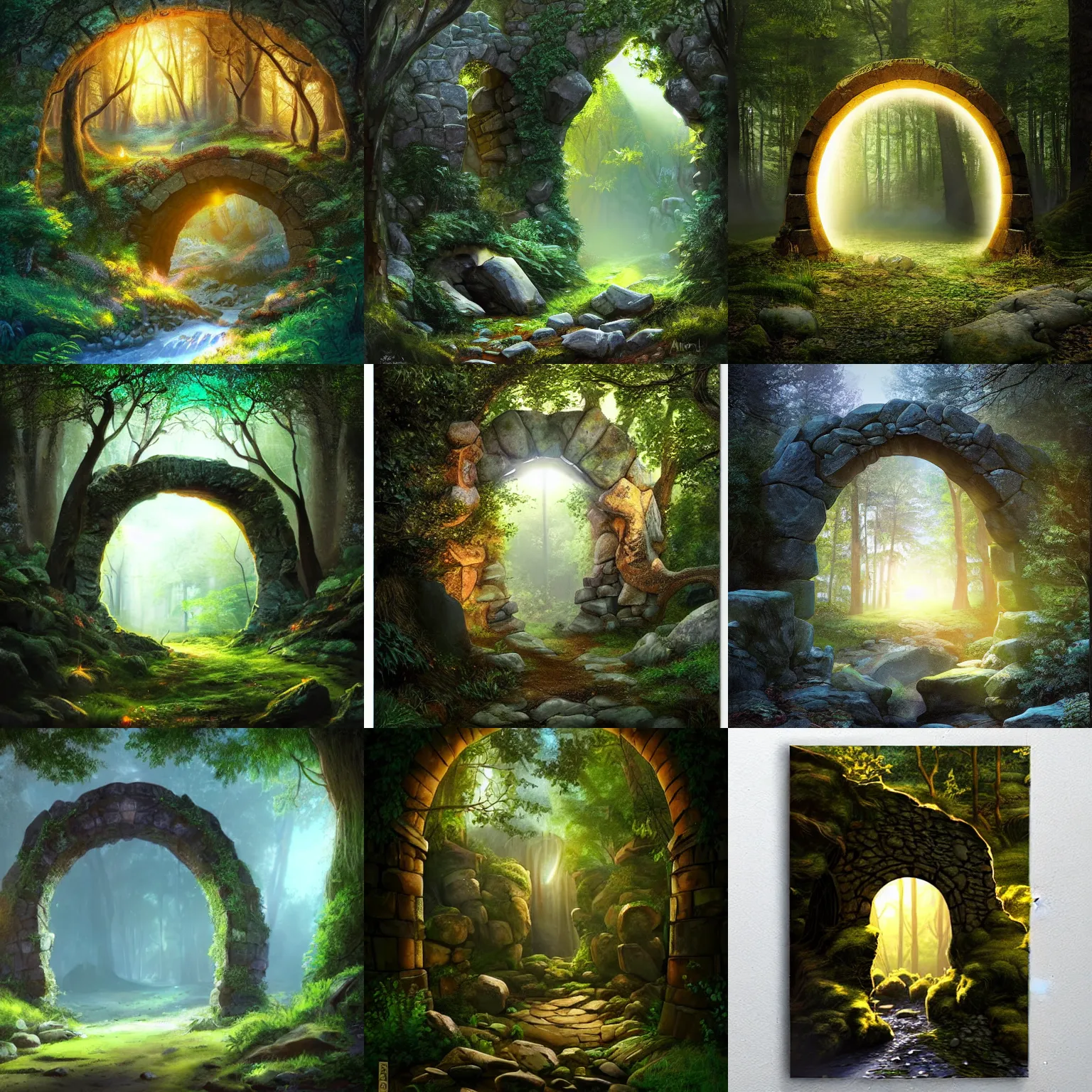 Prompt: Stone arch in the forest with a glowing magic portal in the center of it, Artgerm