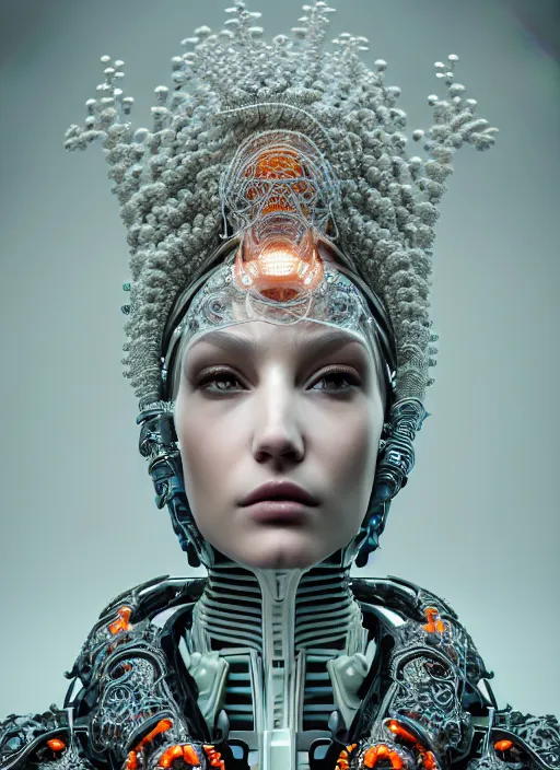 Prompt: portrait of an absurdly beautiful, graceful, sophisticated, fashionable cyberpunk mechanoid, hyperdetailed illustration by irakli nadar and alexandre ferra, intricate linework, white porcelain skin, faberge, fractal, coral headdress, unreal engine 5 highly rendered, global illumination, radiant light, detailed and intricate environment