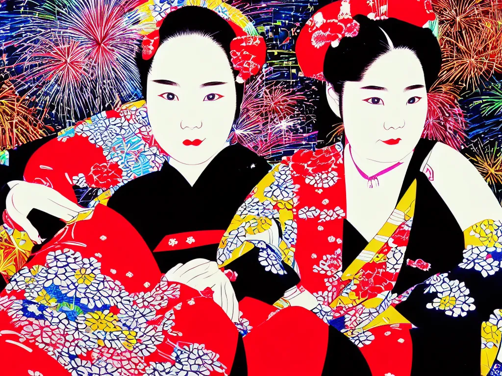 Image similar to hyperrealism composition of the detailed woman in a japanese kimono sitting at an extremely detailed poker table with darth vader, fireworks on the background, pop - art style, jacky tsai style, andy warhol style, acrylic on canvas