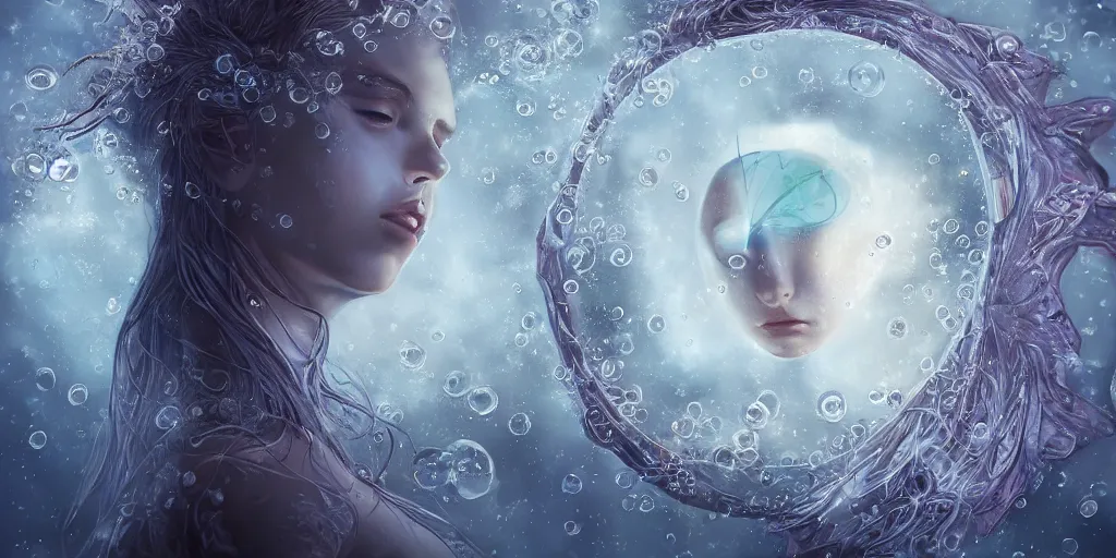 Prompt: hyperrealistic solarpunk photography of a highly detailed and symmetrical gorgeous andriod nymph looking upwards through bubbles in the style of beth cavener, jin kagetsu, james jean and wlop, face symmetry, masterpiece, award - winning, sharp focus, intricate concept art, ambient lighting, 8 k, artstation