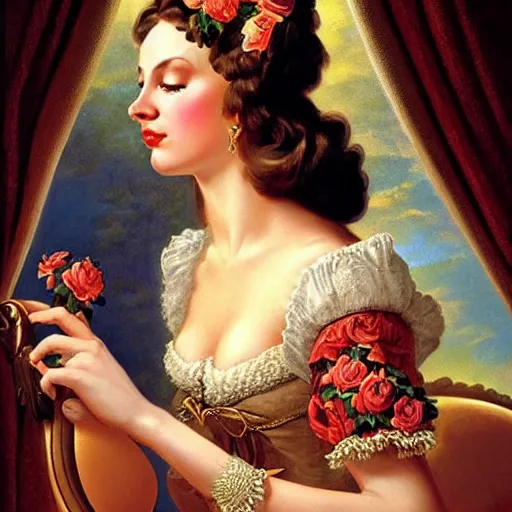 Prompt: beautiful woman with long hair, ultra detailed, beautiful, decolte, by greg hildebrandt fancy rococo baroque oil painting high quality clothed in fancy garb in pin up style