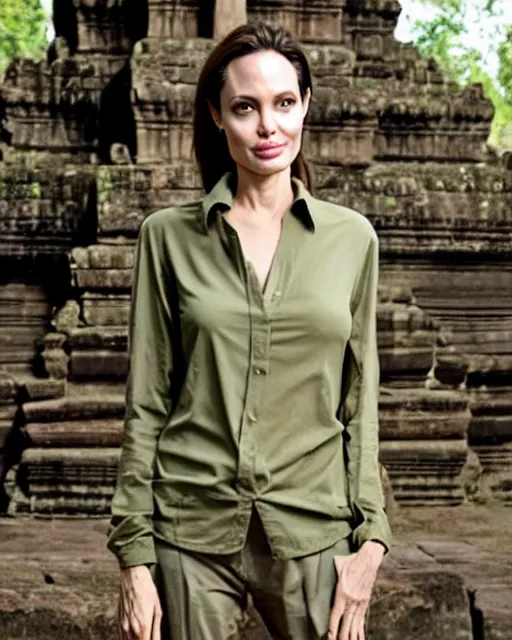 Prompt: angelina jolie visits an ancient temple in cambodia, she is wearing a green long sleeved shirt and cargo pants, photographed in the style of national geographic