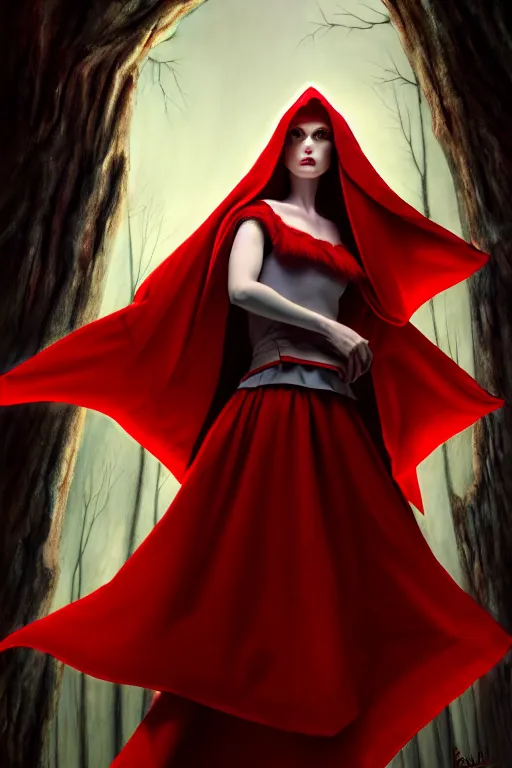 Prompt: hyperrealistic mixed media painting of beautiful Red Riding Hood, pale skin, full body, crimson robe, shadowy wolf figure looming overhead in background, stunning 3d render inspired art by P. Craig Russell and Barry Windsor-Smith + perfect facial symmetry + dim volumetric lighting, 8k octane beautifully detailed render, post-processing, extremely hyperdetailed, intricate, epic composition, grim yet sparkling atmosphere, cinematic lighting + masterpiece, trending on artstation, very very detailed, masterpiece, stunning