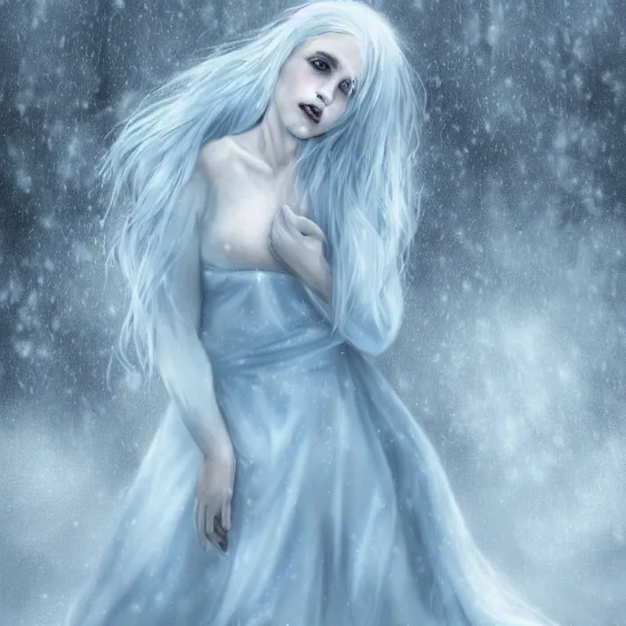 Image similar to full body portrait of a woman dying of hypothermia, with very white skin and pale blue hair wearing a long white dress made out of snowflake in the middle of a heavy snowstorm. sickly looking. digital art by maromi sagi