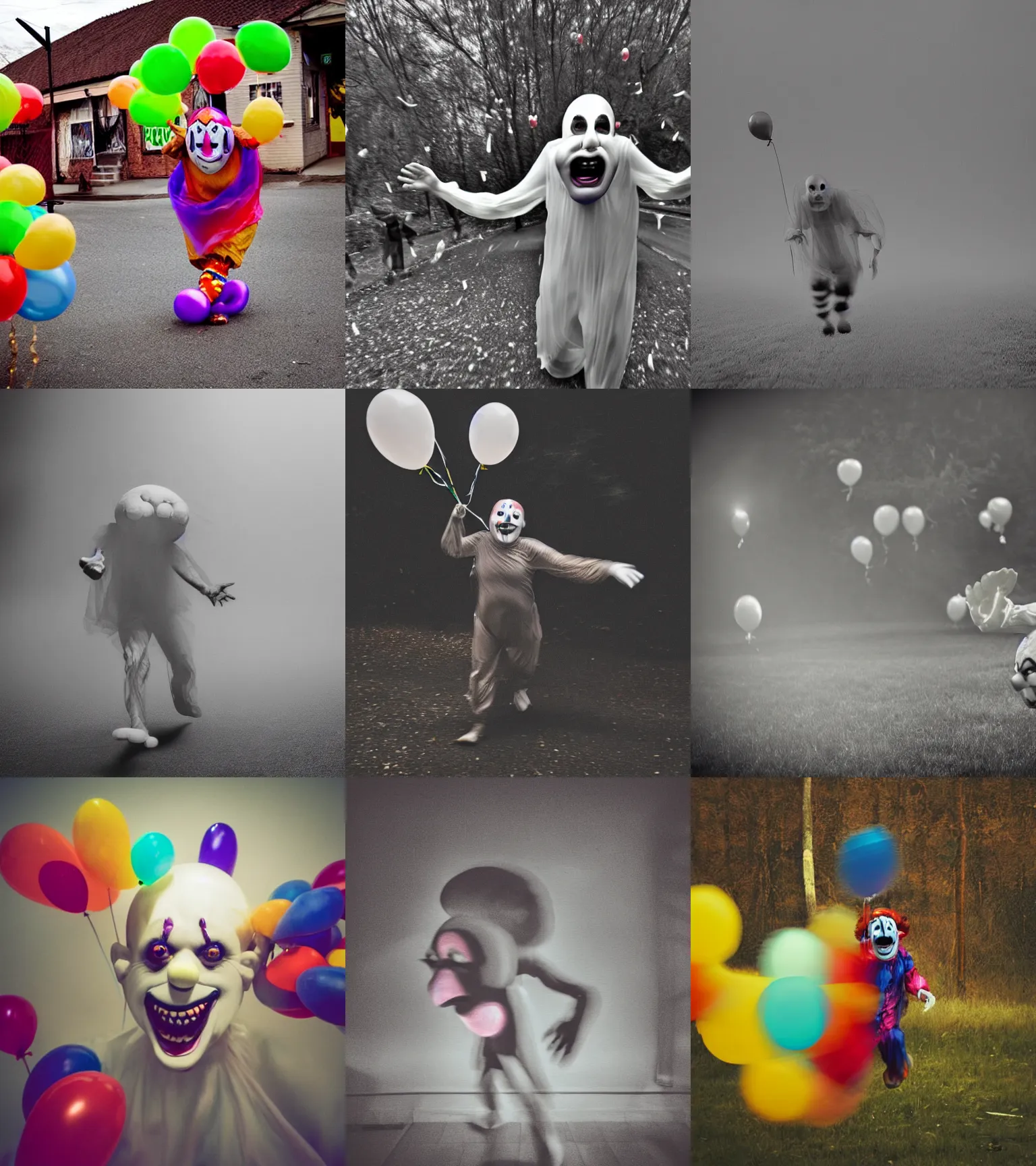 Prompt: clown creature. faceless fleshy translucent spiritual clown entity face thing. balloons instead of eyes. big mouth yelling smiling running approaching eerie bad spiritual grainy photograph with motion blur