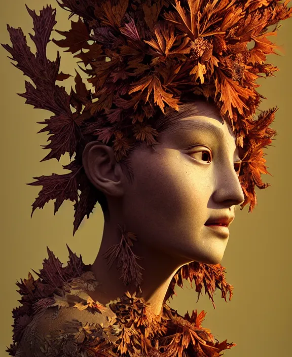 Prompt: 3 d goddess close - up profile portrait of a beautiful intricately detailed autumn mask, fall leaves, thistles, phoenix, dried plants, foxes, wind, creature, artwork by tooth wu and wlop and beeple and greg rutkowski