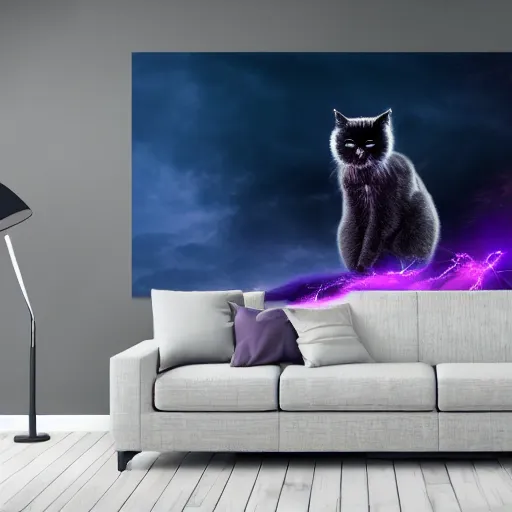 Image similar to a photo of black fluffy cat, riding on top of a big purple dragon in an electrical storm, ultrarealistic, highly detailed, 4 k