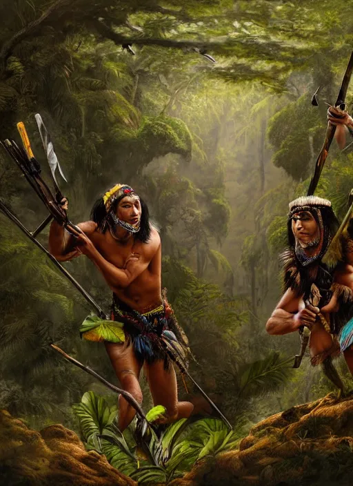 Image similar to two indigenous people hunting together in the jungle, fantasy art, highly detailed, matte painting