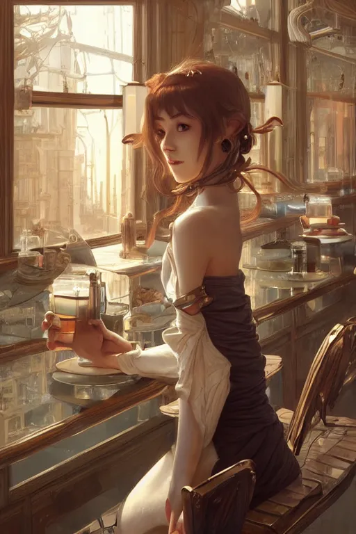 Image similar to an attractive serene cute android in a cafe, partially human , partially biomedical design , natural atmosphere, great high details, highly reaslitic, cinematic lighting, intricate, elegant, super highly detailed, art station, concept arD, beautiful, delicate, art by artgerm and greg rutkowski and alphonse mucha and loish and WLOP