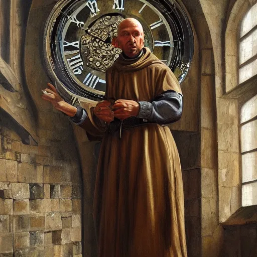 Image similar to medieval monk maintaining an enormous, complex, mechanical clock, oil painting, warm lighting, realistic, trending on artstation