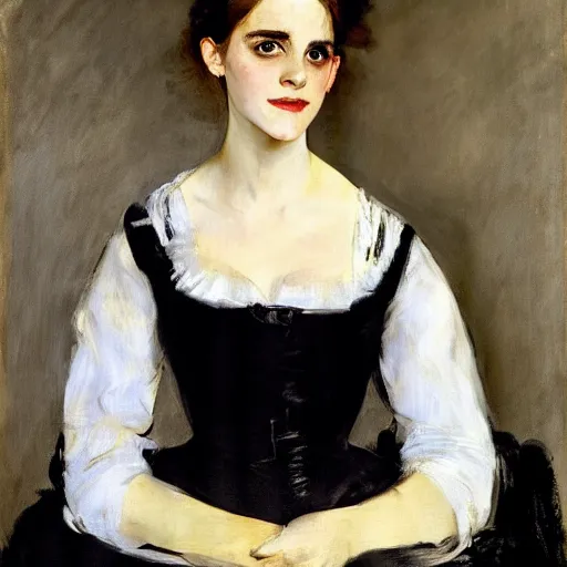 Prompt: portrait of emma watson, by manet, john singer sargent, carolus - duran, elegant, bold brushwork