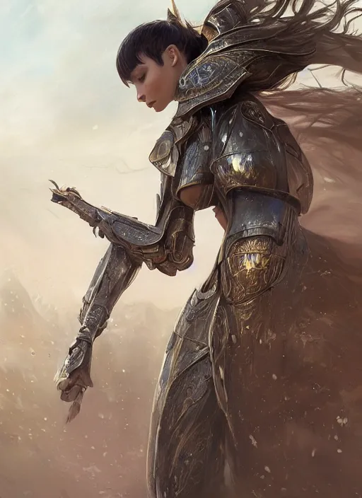 Image similar to a professional portrait of a beautiful young female, clothed in ethereal battle armor, olive skin, long dark hair, beautiful bone structure, symmetrical facial features, intricate, elegant, digital painting, concept art, smooth, sharp focus, finely detailed, illustration, from Valerian and the City of a Thousand Planets, by Ruan Jia and Mandy Jurgens and Artgerm and William-Adolphe Bouguerea