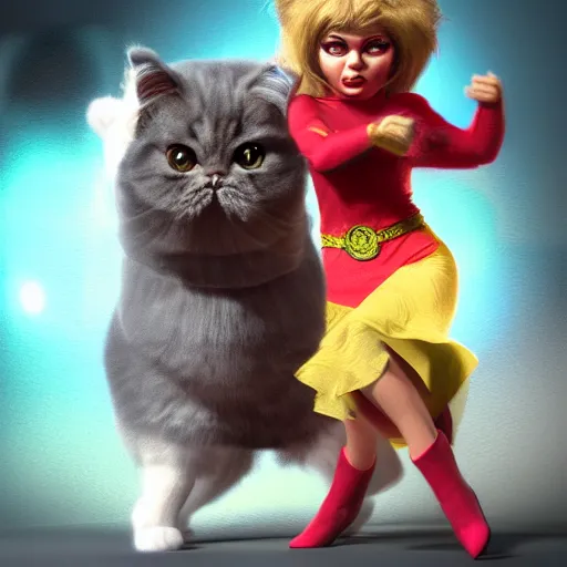 Image similar to A hyper real comic book style portait painting of a persian cat dancing salsa with another persian cat, unreal 5, hyperrealistic, octane render, cosplay, RPG portrait, dynamic lighting