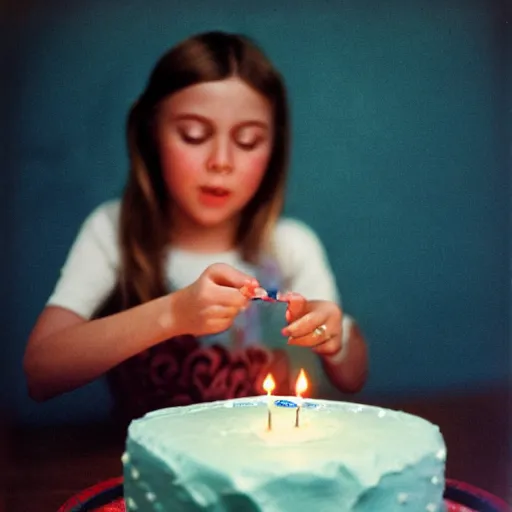 Image similar to birthday part for a young girl in 1976, she is blowing out the candles on a birthday cake. ektachrome photograph, volumetric lighting, f8 aperture, cinematic Eastman 5384 film