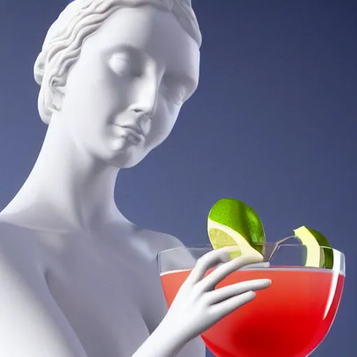 Image similar to close - up of white reneissance statue holding a coctail, colorful coctail, digital painting, 3 d render