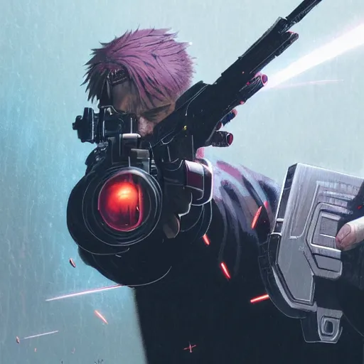 Prompt: close up illustration of a cyberpunk gunslinger pointing his gun shooting bullets, gungrave, anime, tri - gun, poster, very detailed, 8 k, by greg rutkowski,