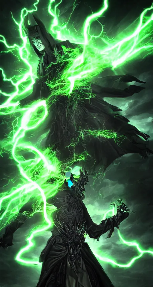 Image similar to illustration of dark priest holding green lightning, black halo, evil, power, green mist, scary, photorealistic, unreal engine, hellish background , Mtg , Dnd ,