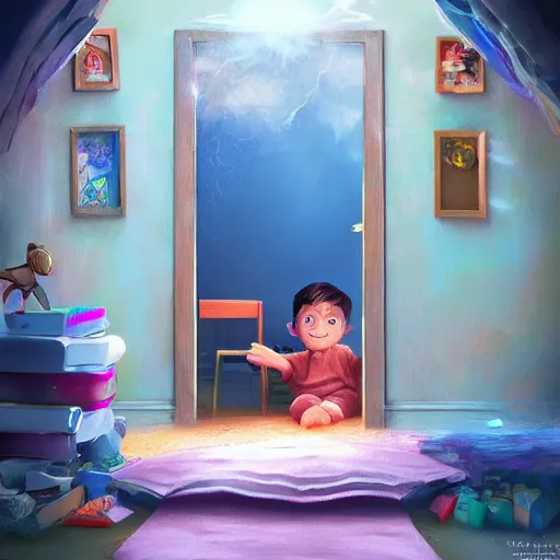 Prompt: A child discovering his room can open a portal to another dimension, digital art, trending on artstation, high details, very realistic