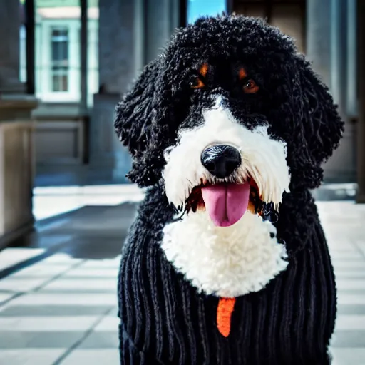 Image similar to a closeup photorealistic photograph of a cute smiling knitted bernedoodle judge dog dressed in a black gown, presiding over the courthouse. indoor image, professional capture, well lit shot. this 4 k hd image is trending on artstation, featured on behance, well - rendered, extra crisp, features intricate detail, epic composition and the style of unreal engine.