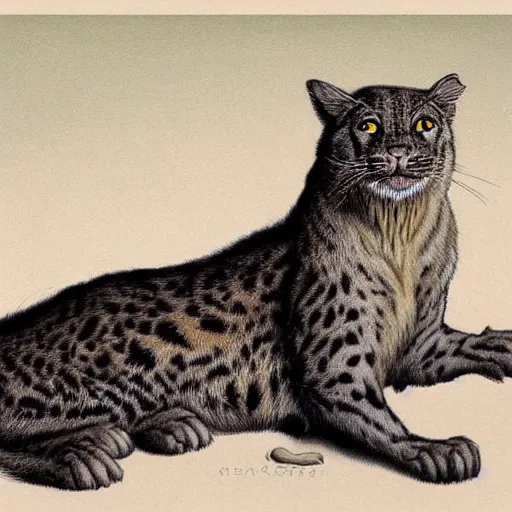 Image similar to an extinct sabertooth cat, cat with huge fangs, naturalist illustration