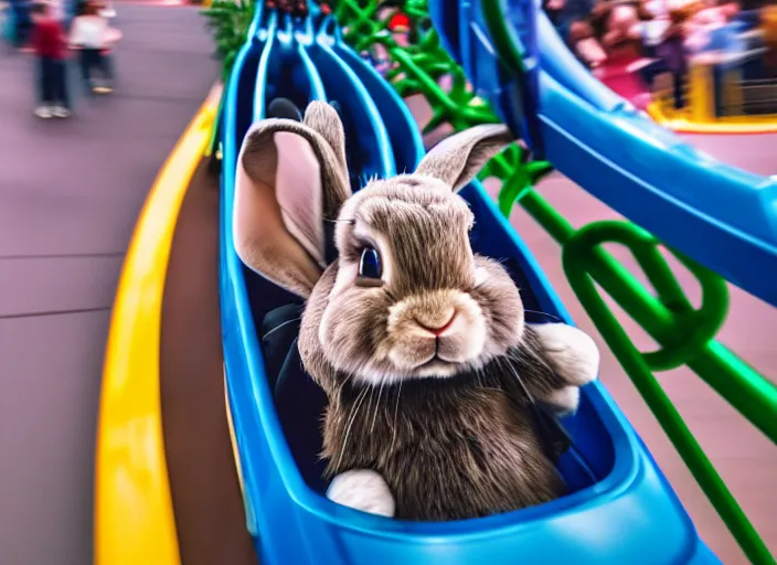 Image similar to film still of a bunny riding a roller coaster in disneyland paris, 8 k