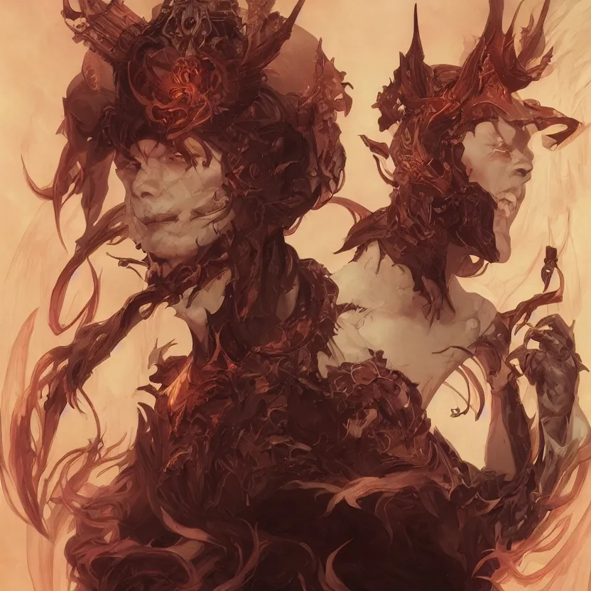 Prompt: beautiful illustrated portrait of a demon lord, symmetrical, painted, 4k, trending on artstation, octane render, art by artgerm and greg rutkowski and alphonse mucha and craig mullins and James Jean and Andrei Riabovitchev and Marc Simonetti and peter mohrbacher