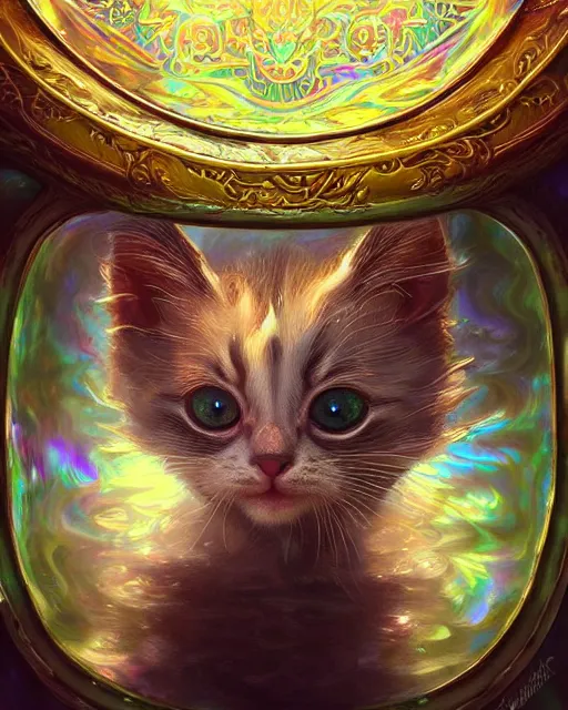 Image similar to cute kitten inside an ornate sail boat of iridescent liquid, alchemy, shiny plastic, intricate, bloom, detailed, volumetric lighting, sharp focus, photorealism, digital painting, highly detailed, concept art, by by artgerm and wlop