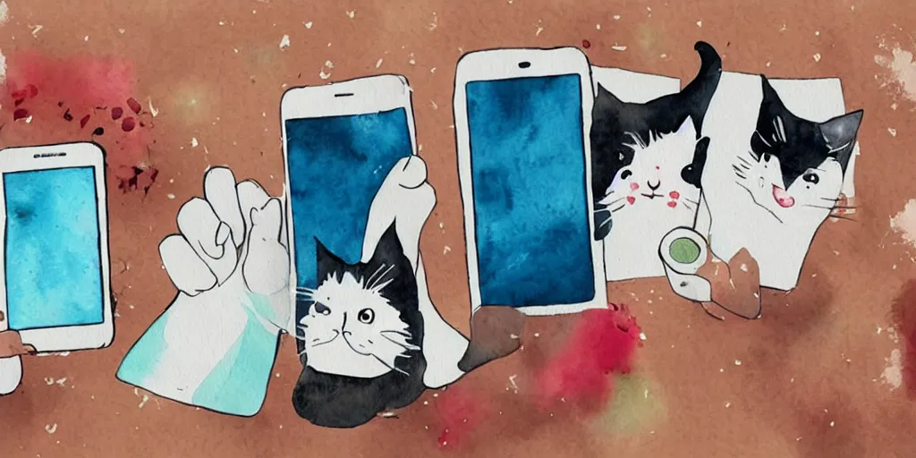 Prompt: watercolor illustration style, cute cats use mobile phone